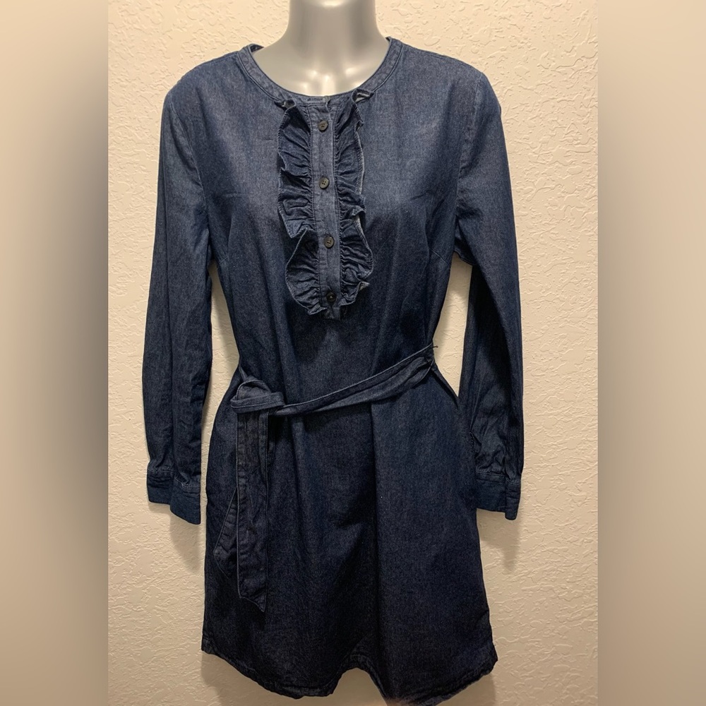 Ruffle Placket Chambray Shift Dress